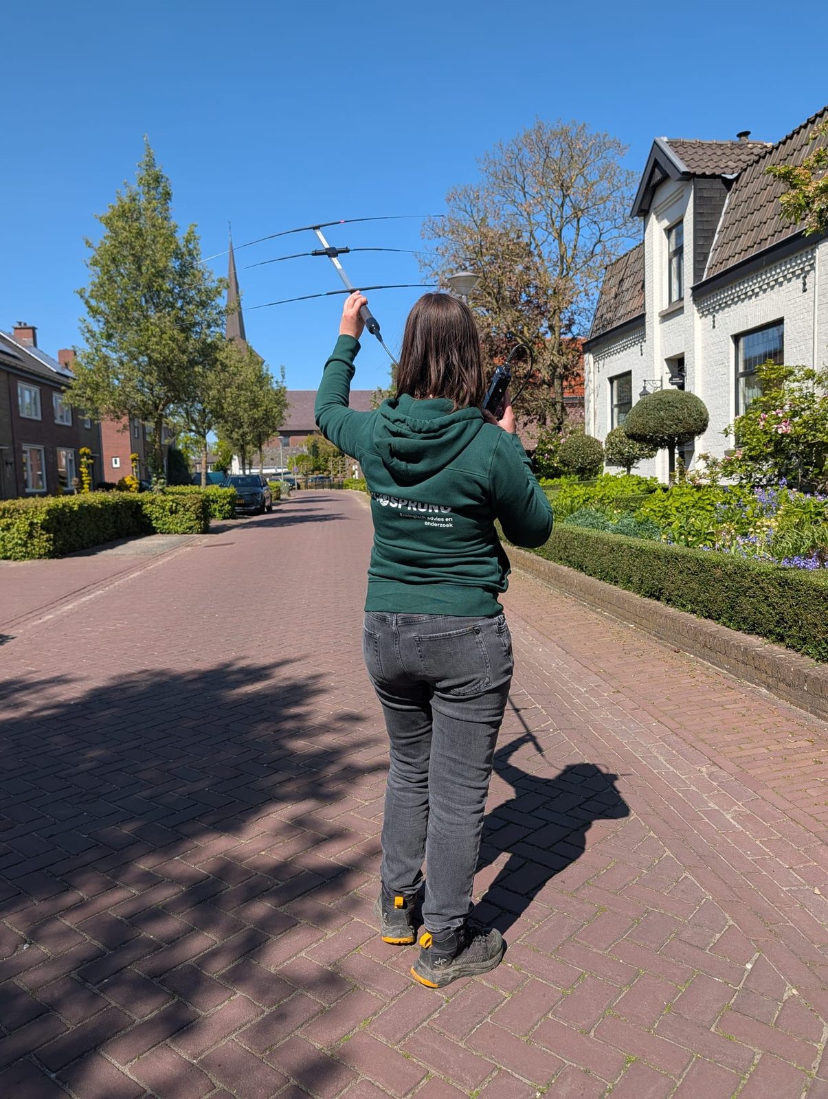 Ecoloog zoekt met een handantenne naar een gezenderde vleermuis in een woonwijk